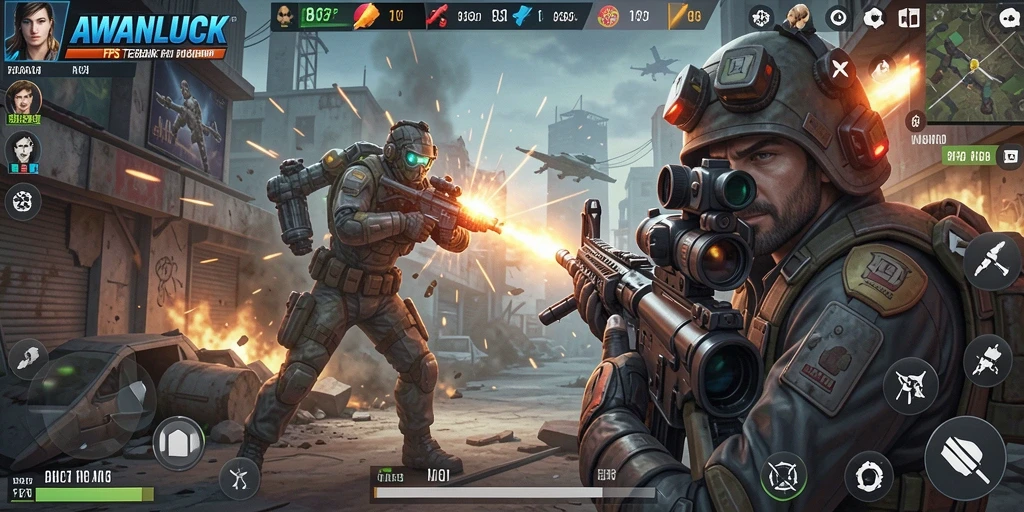 Tampilan gameplay mendebarkan di AWANLUCK dengan aksi FPS intens.