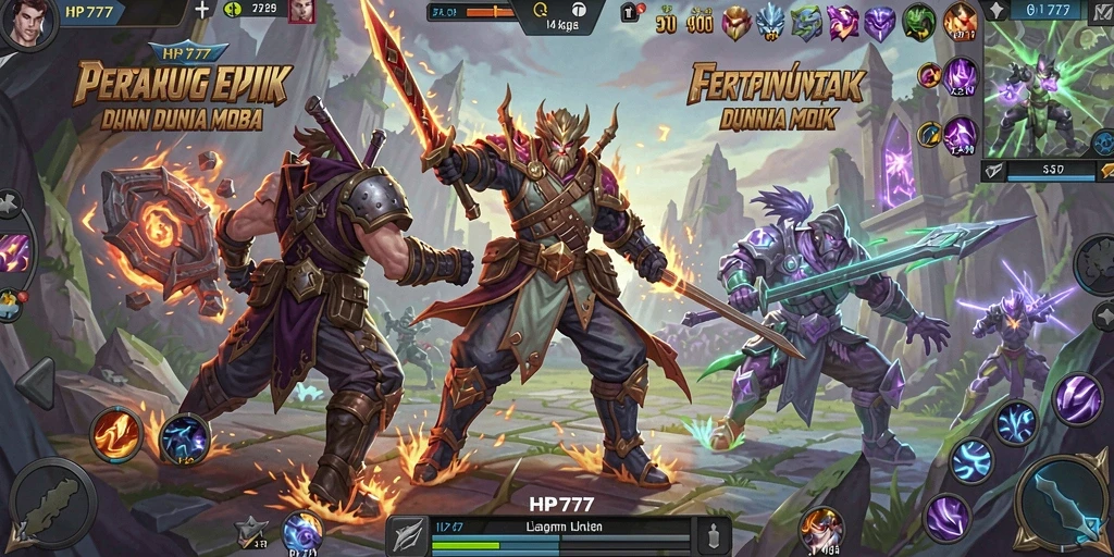 Tangkapan layar gameplay HP777 yang menampilkan pertarungan strategis dalam arena MOBA.