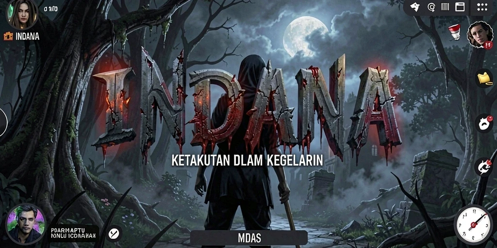 Tampilan gameplay <strong>INDAAA</strong> yang menampilkan ketegangan dan kegelapan.