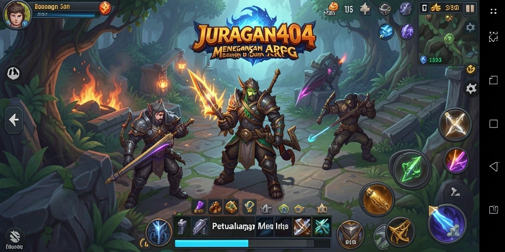 Screenshot utama JURAGAN404 menampilkan pertarungan sengit antara karakter.