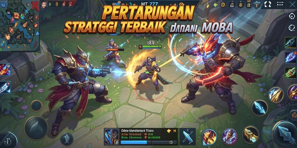 Tangkapan layar gameplay seru dari MT777 yang menampilkan pertarungan tim MOBA.