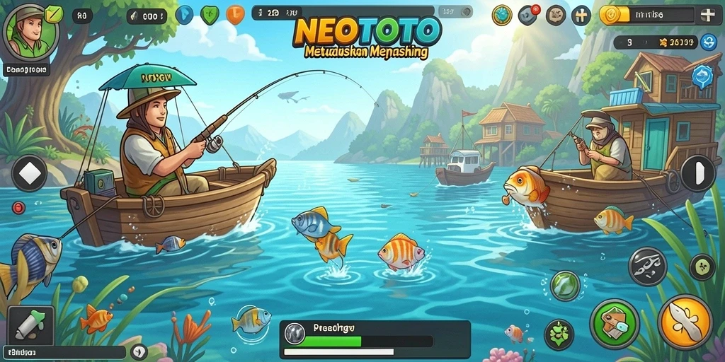 Tangkapan layar gameplay <strong>NEOTOTO</strong> menunjukkan keindahan lokasi memancing yang memesona.