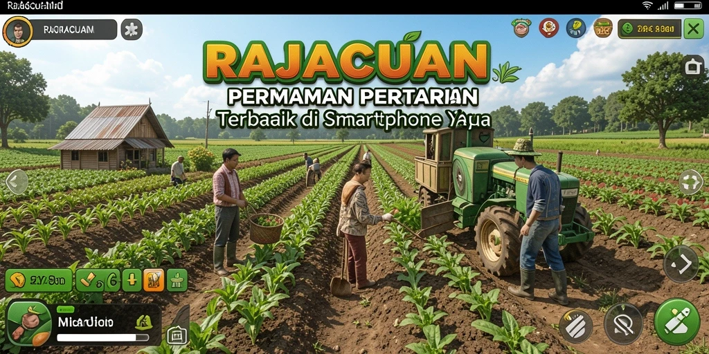 Tampilan utama gameplay RAJACUAN dengan ladang hijau dan hewan ternak.